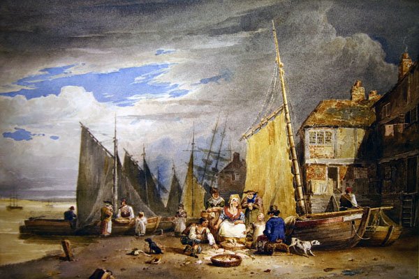 A Fishwife with her Wares by Themsen (akvarell på papir) av David Cox