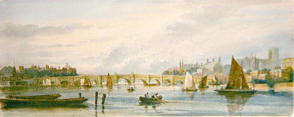 En utsikt over Westminster Bridge ser vestover mot Lambeth Palace og Westminster Abbey (blyant og akvarell på papir) av David Cox