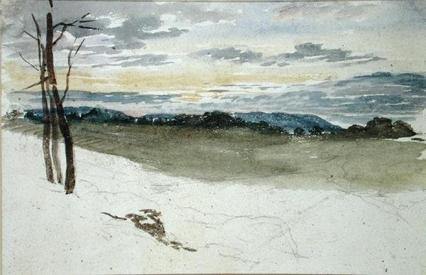 Et skogslandskap ved solnedgang (blyant og akvarell på papir) av David Cox