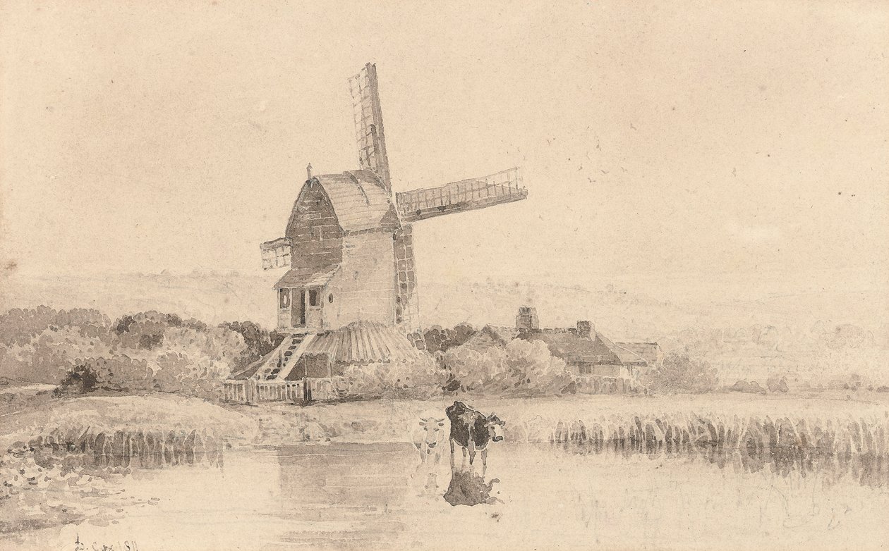 Storfe som vannes ved en vindmølle på Dulwich Common, 1811 av David Cox