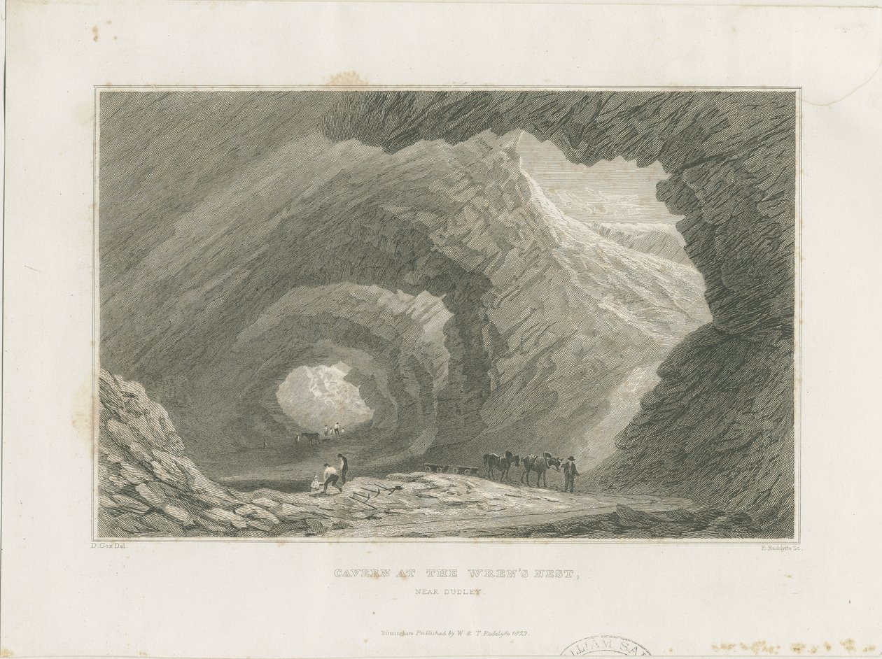 Dudley - Cavern at the Wren's Nest: stålgravering, nd [c 1829] av David Cox