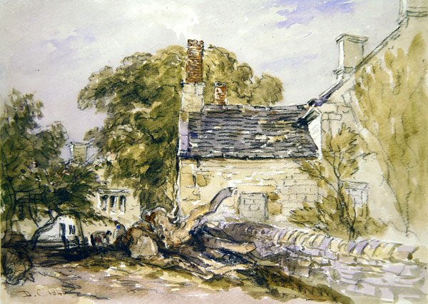 Figurer utenfor en gammel steinhytte (svart kritt og akvarell på papir) av David Cox