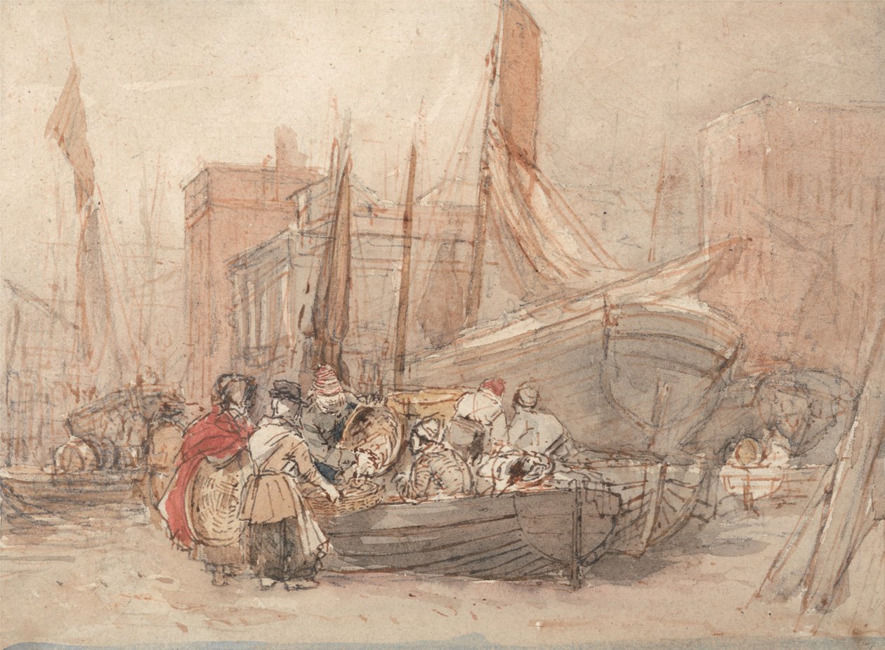 Havnescene med fiskebåter som losses av David Cox