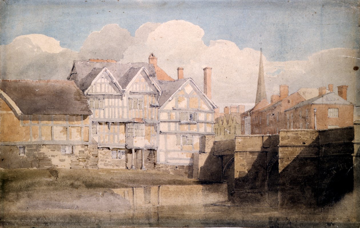 Gamle hus og Wye Bridge, Hereford, 1820 av David Cox