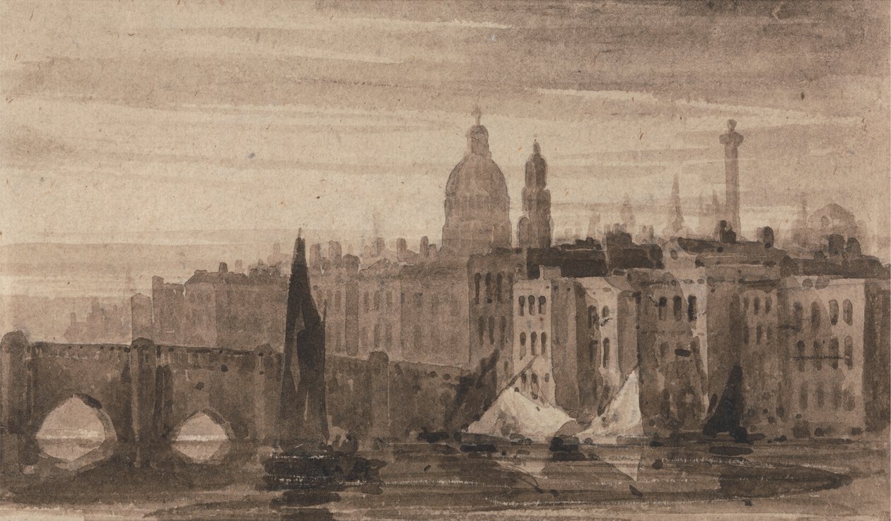 Old London Bridge og St. Paul's Cathedral fra Themsen av David Cox