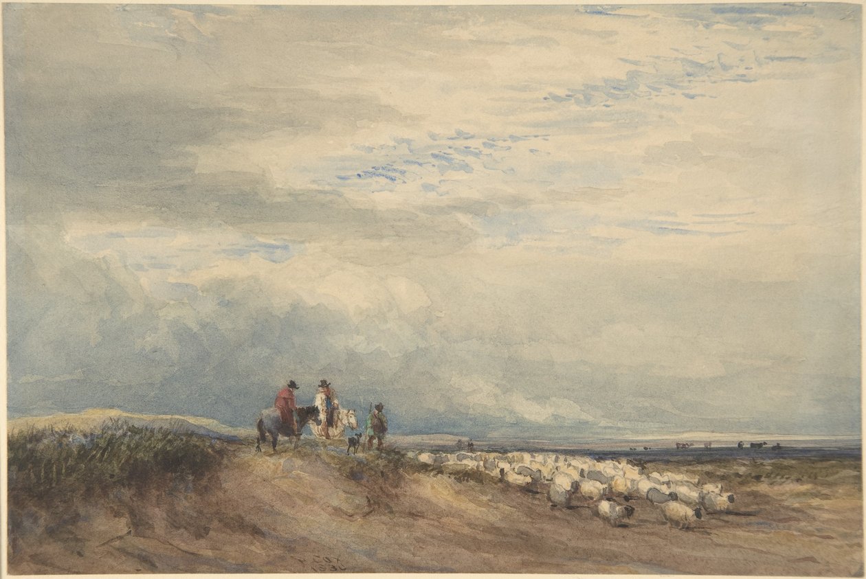 Ryttere med sauer nær en elvemunning av David Cox