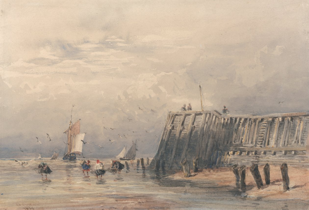 Seillektere og rekebåter utenfor en brygge av David Cox