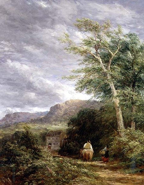 Walisisk landskap med en vannmølle (olje på lerret) av David Cox