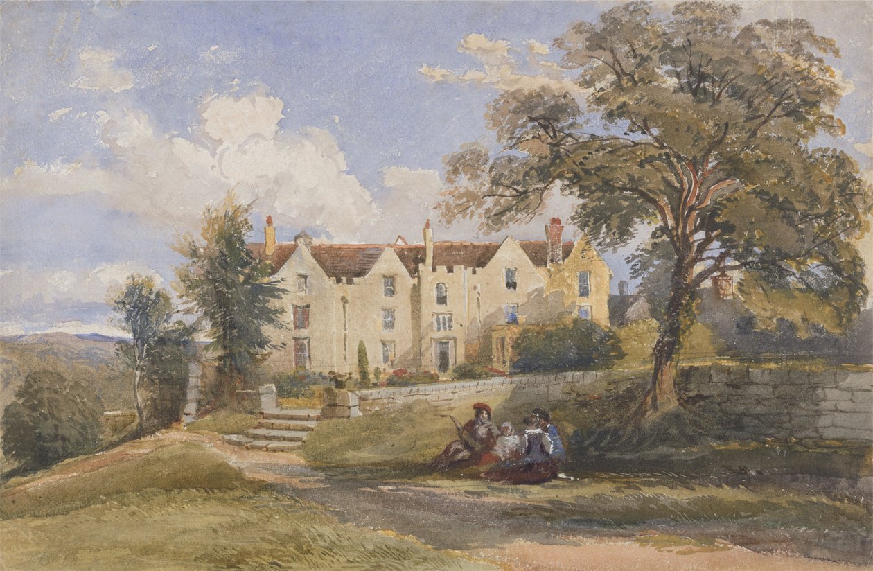 Gruppe som sitter på eiendommen til et stort hus av David Cox Jr.