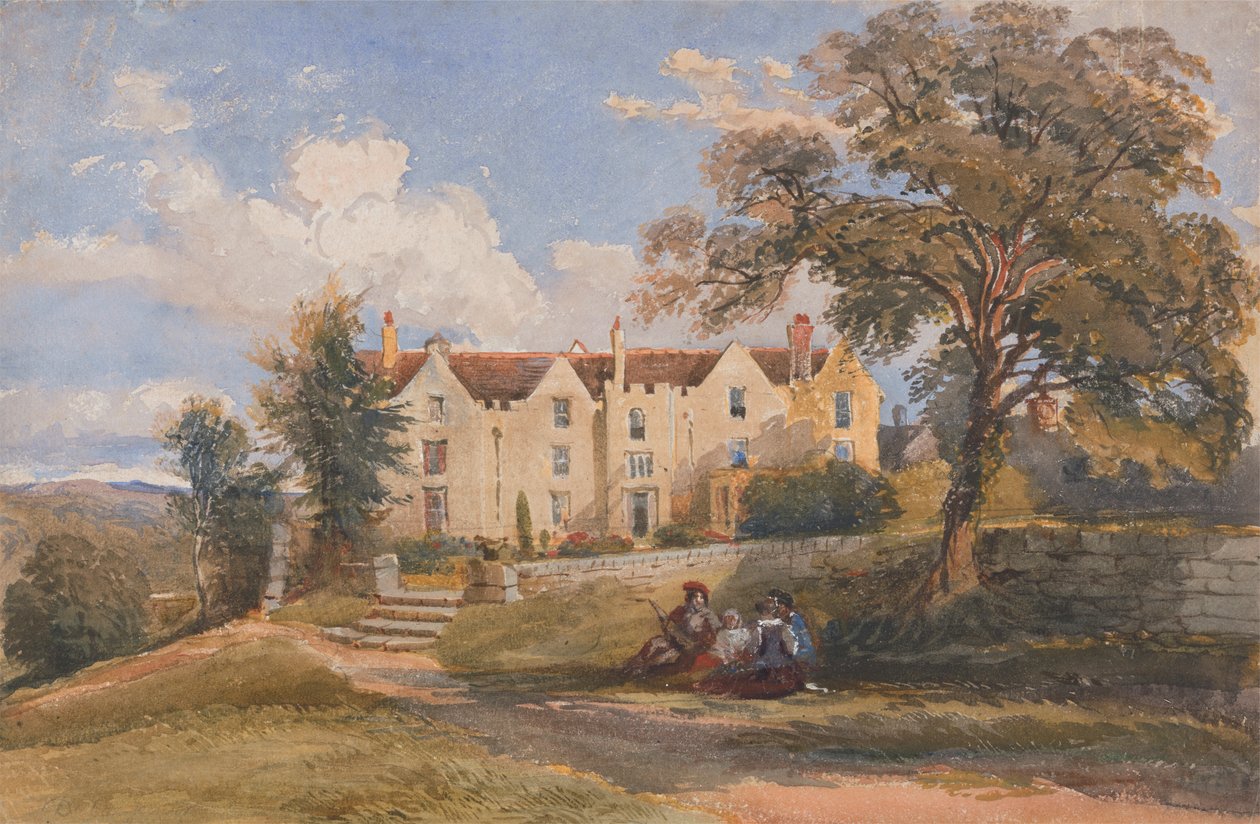 Gruppe som sitter på eiendommen til et stort hus av David Cox Jr.