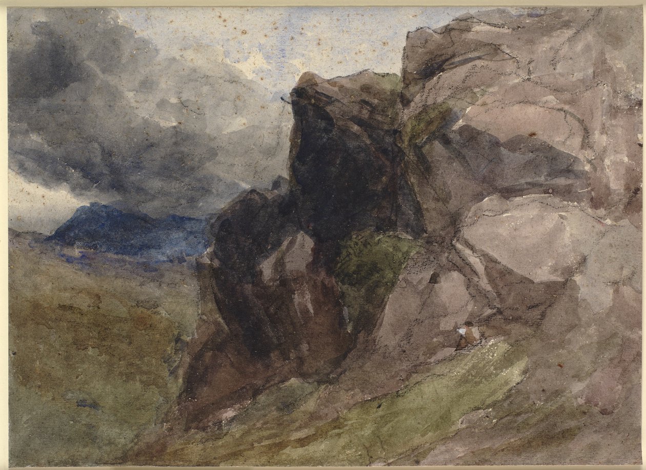 Steinete landskap i Wales med figurtegning i forgrunnen til høyre av David Cox d.Æ.