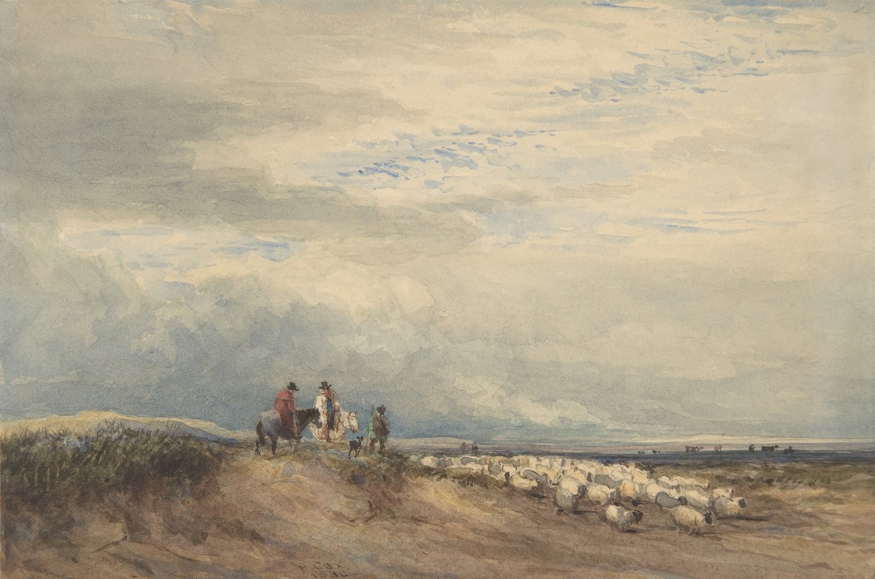 Ryttere med sauer nær en elvemunning, 1830. av David Cox the elder
