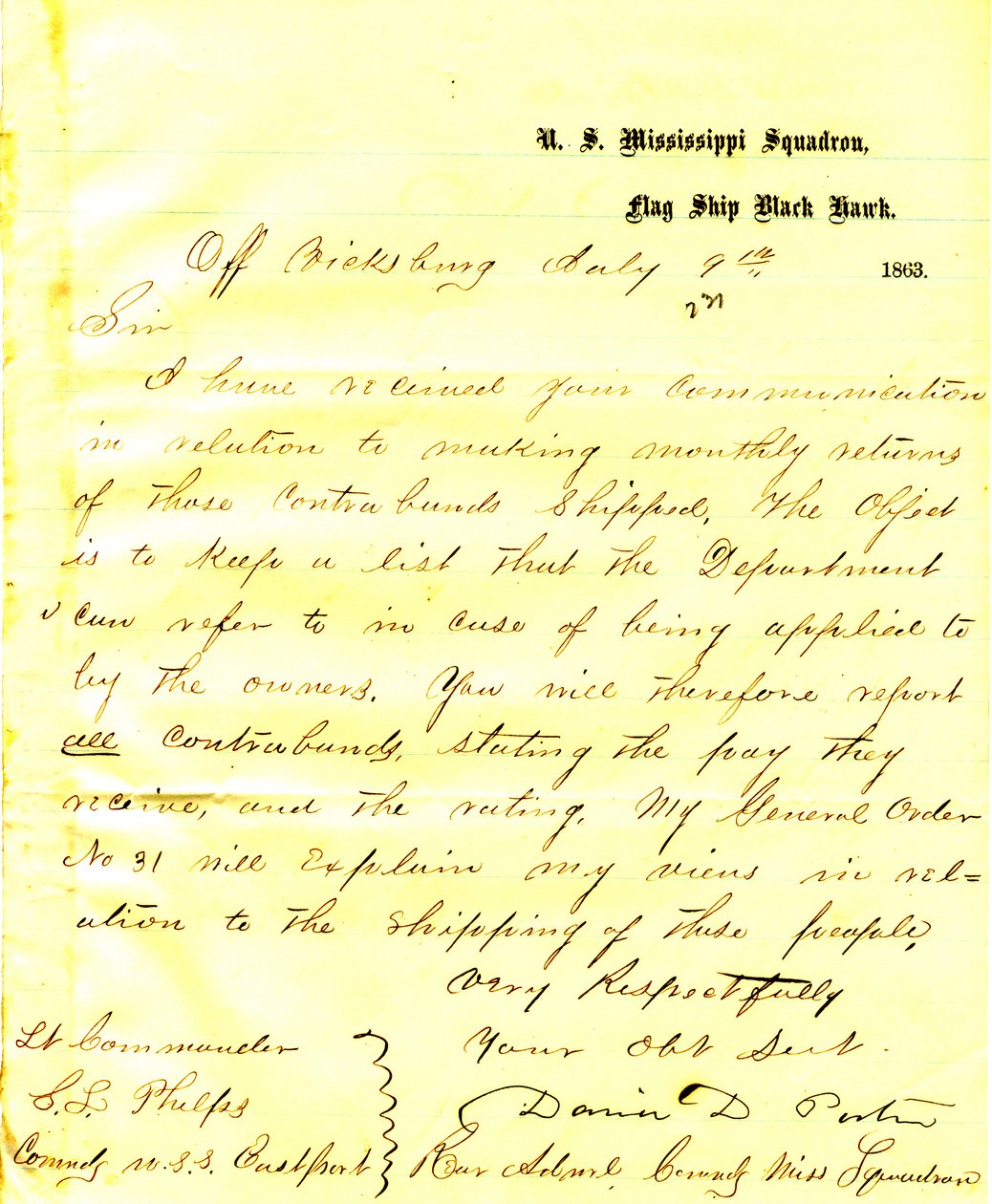 Brev fra David D. Porter, USA Black Hawk, utenfor Vicksburg, til Seth Ledyard Phelps, kommanderende i USA Eastport, 9. juli 1863 av David D. Porter