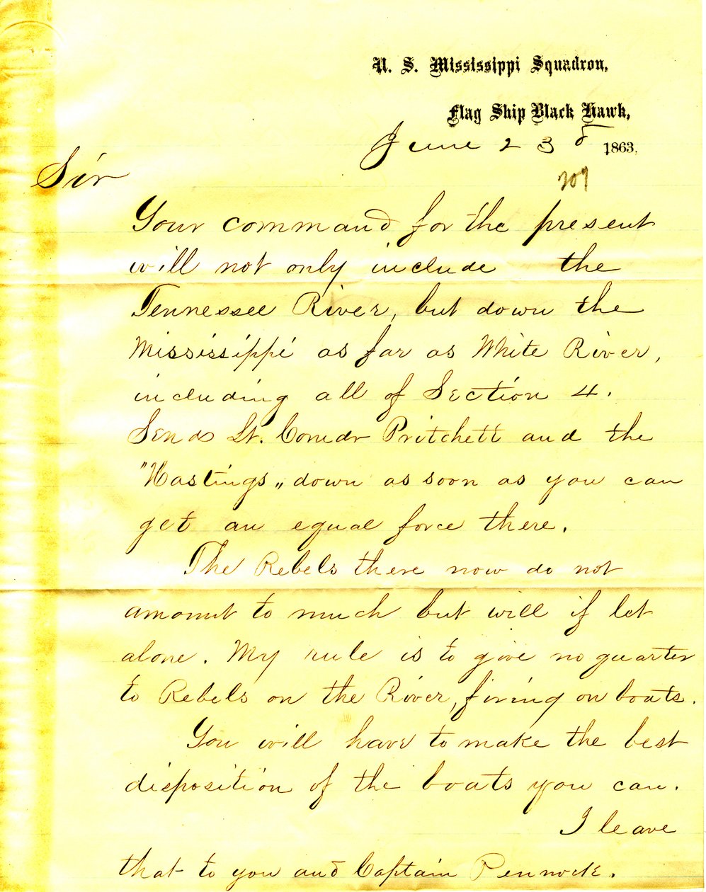 Brev fra David D. Porter, U. S. S. Black Hawk, til Seth Ledyard Phelps, 23. juni 1863 av David D. Porter