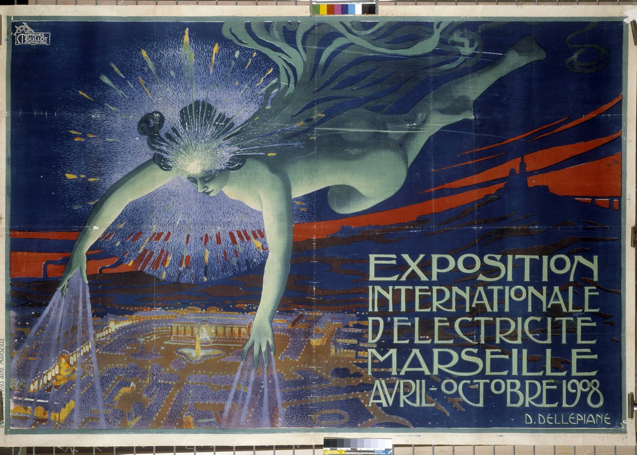 Plakat "International Electricite Exhibition, Marseille, april-oktober 1908" (plakat) av David Dellepiane