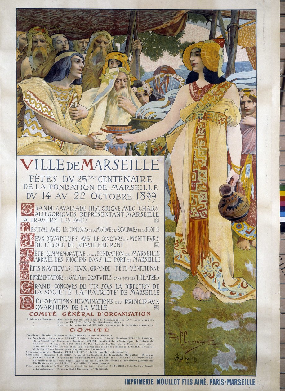 Plakat for feiringen av 25. hundreårsdagen for grunnleggelsen av byen Marseille fra 14. til 22.10.1899 av David Dellepiane (1866-1932). Musee d