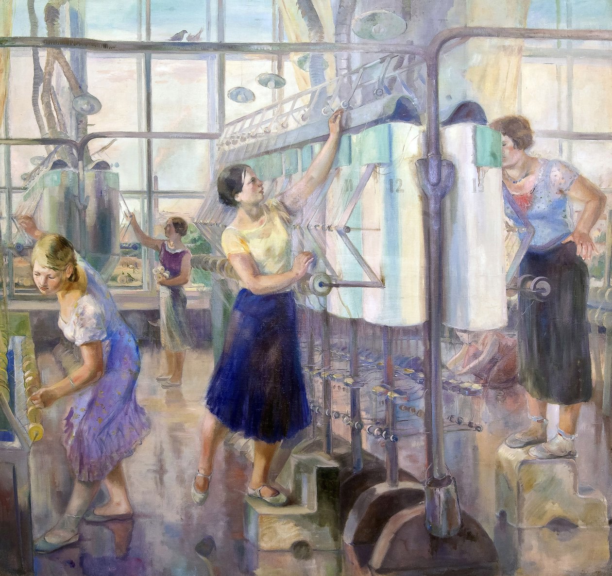 Le plan quinquennal - Kvinneverksted ved Sevkabelfabrikken par Zagoskin, David Efimovich (1890-1942). Olje på lerret, størrelse: 200x215 av David Efimovich Zagoskin