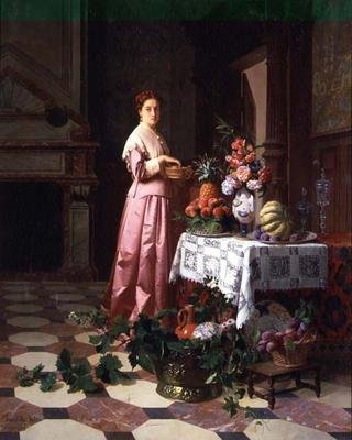 Dame med frukt og blomster på et bord av David Emil Joseph de and Knarren P. Noter