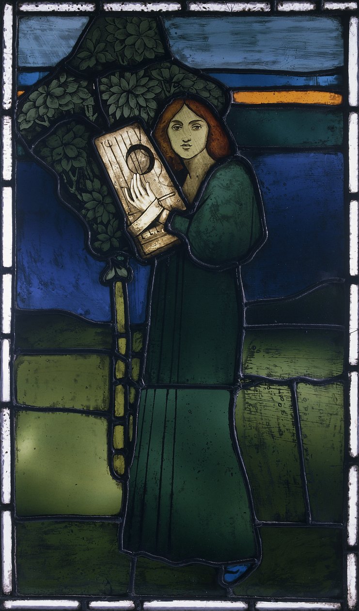 Et blyholdig glasspanel som viser en kvinnelig figur i full lengde som spiller et strengeinstrument av David Gauld