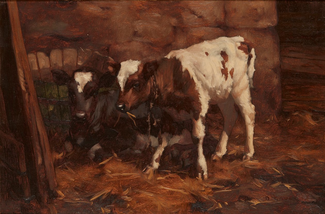 To kalver ved en vannrumpe (olje på lerret) av David Gauld