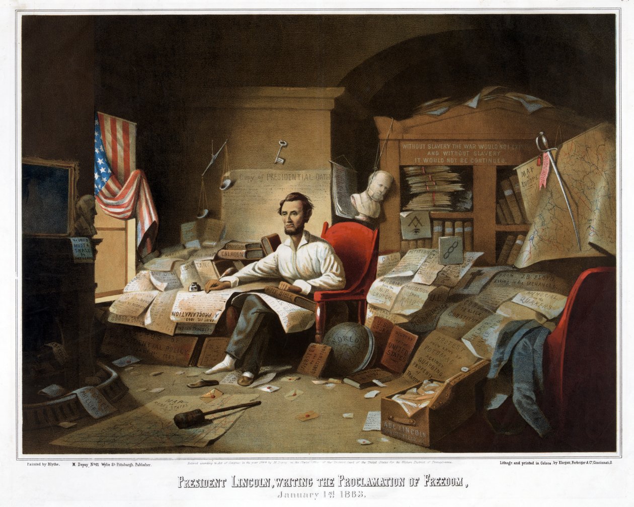 President Lincoln, skriver frihetserklæringen, 1. januar 1863, pub. 1864 av David Gilmour Blythe
