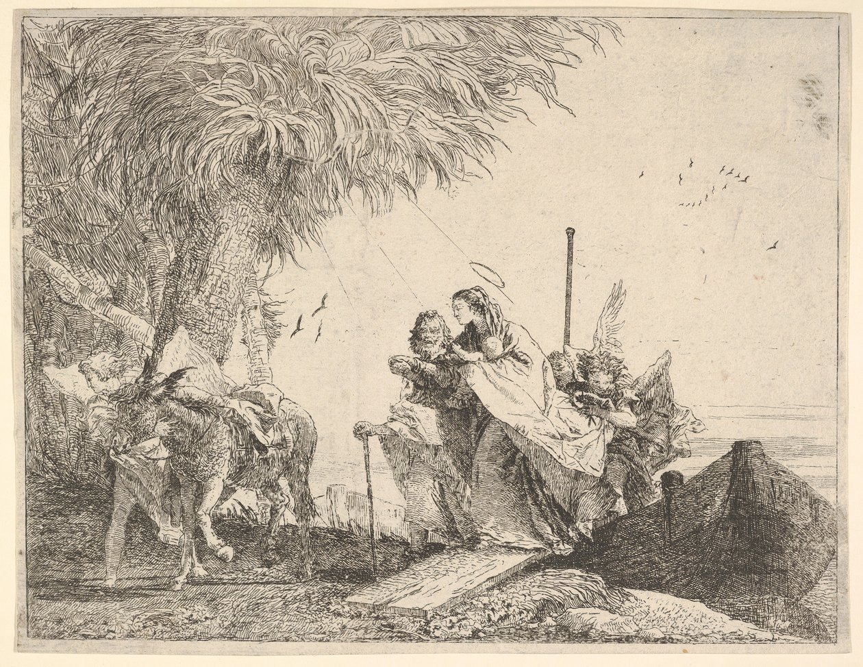 Maria, hjulpet av Josef og en engel, går fra en båt til kysten, en engel støter ..., 1753. av David Giovanni