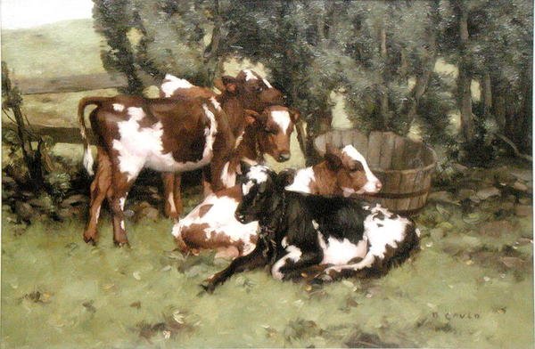 Three Calves, ca. 1920 (olje på lerret) av David Gould