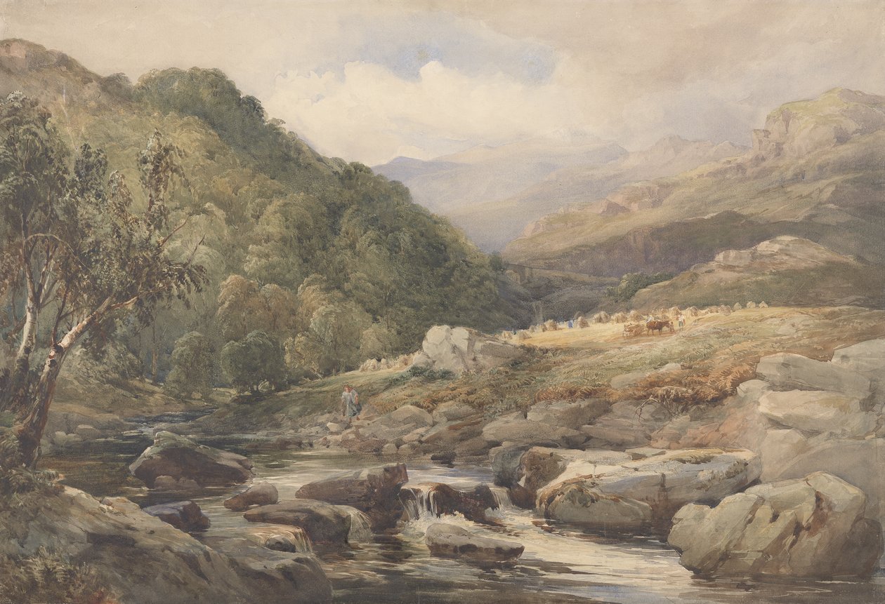 Landskap med bekk og høimakere (wc med gouache over grafitt på papir) av David Hall McKewan