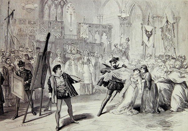 Scene fra "Moro, maleren av Antwerpen", en opera av Michael Balfe av David Henry Friston