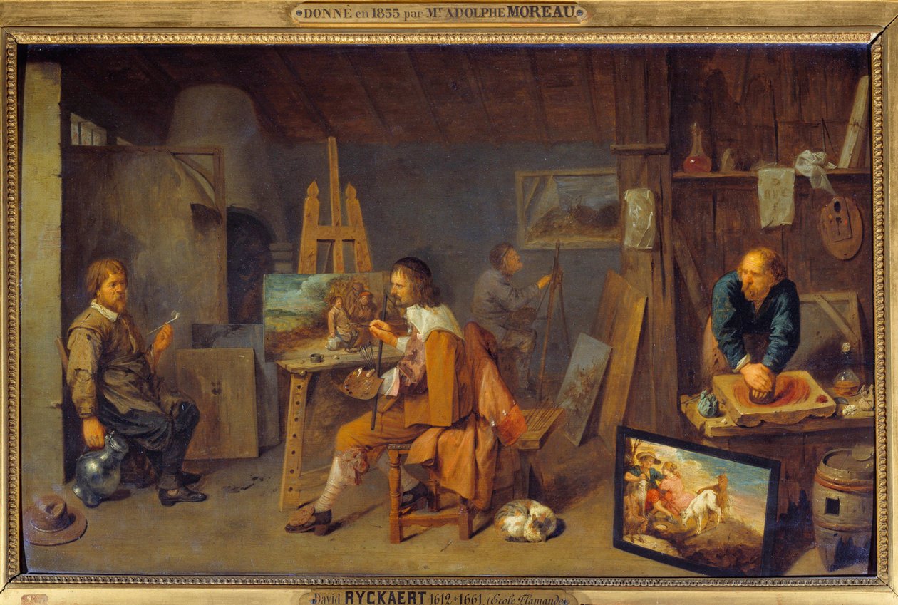 Malerverksted med poseringsmodell og fargekvern. Maleri av David III Ryckaert (1612-1661), Ec. Flam av David III Ryckaert
