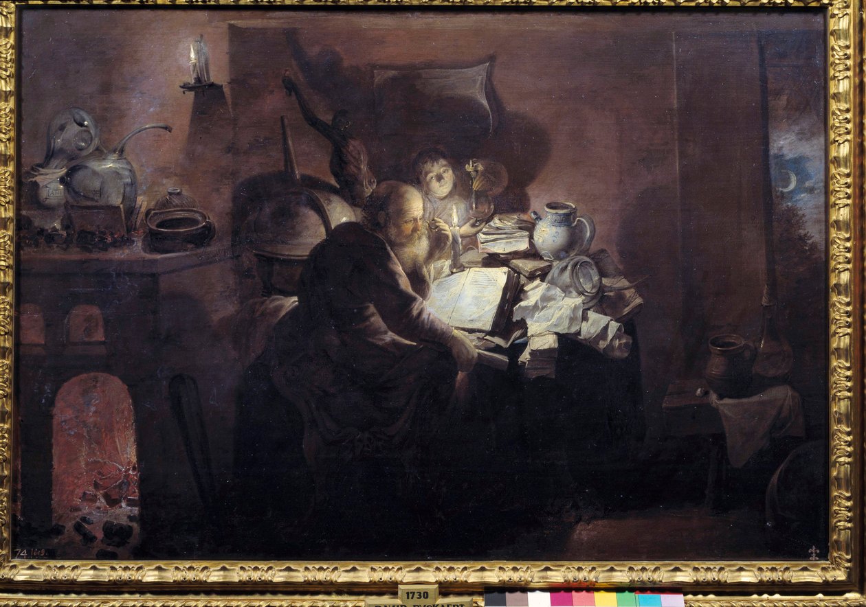Alkymisten i studioet sitt. Maleri av David Ryckaert III (Rijckaert) (1612 - 1661) Ec. Flam. av David III Ryckaert