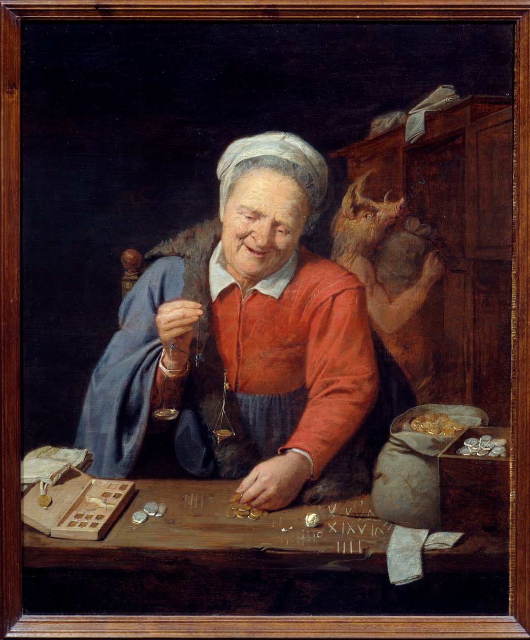 Gullveieren. En gammel kvinne med en liten vekt veier gullbitene mens nederst en mann med villsvinehode oppbevarer poser i skapet. Maleri av David III Ryckaert (1612-1661) Ec. Flam. av David III Ryckaert