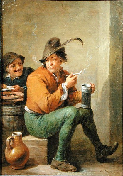 En bonde som holder en steintøymugge og et leirrør (olje på panel) av David III Teniers
