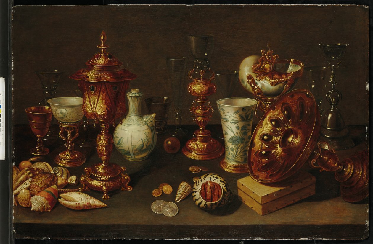 Stilleben med skjell, med nautilus, vaser, glass og korallgrener av David II Ryckaert