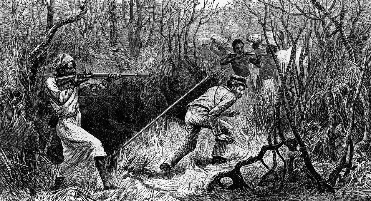 Manyema bakholdsangrep, Sentral-Afrika, gravering fra Last Journals of David Livingstone, av David Livingstone (1813-1873), London av David Livingstone