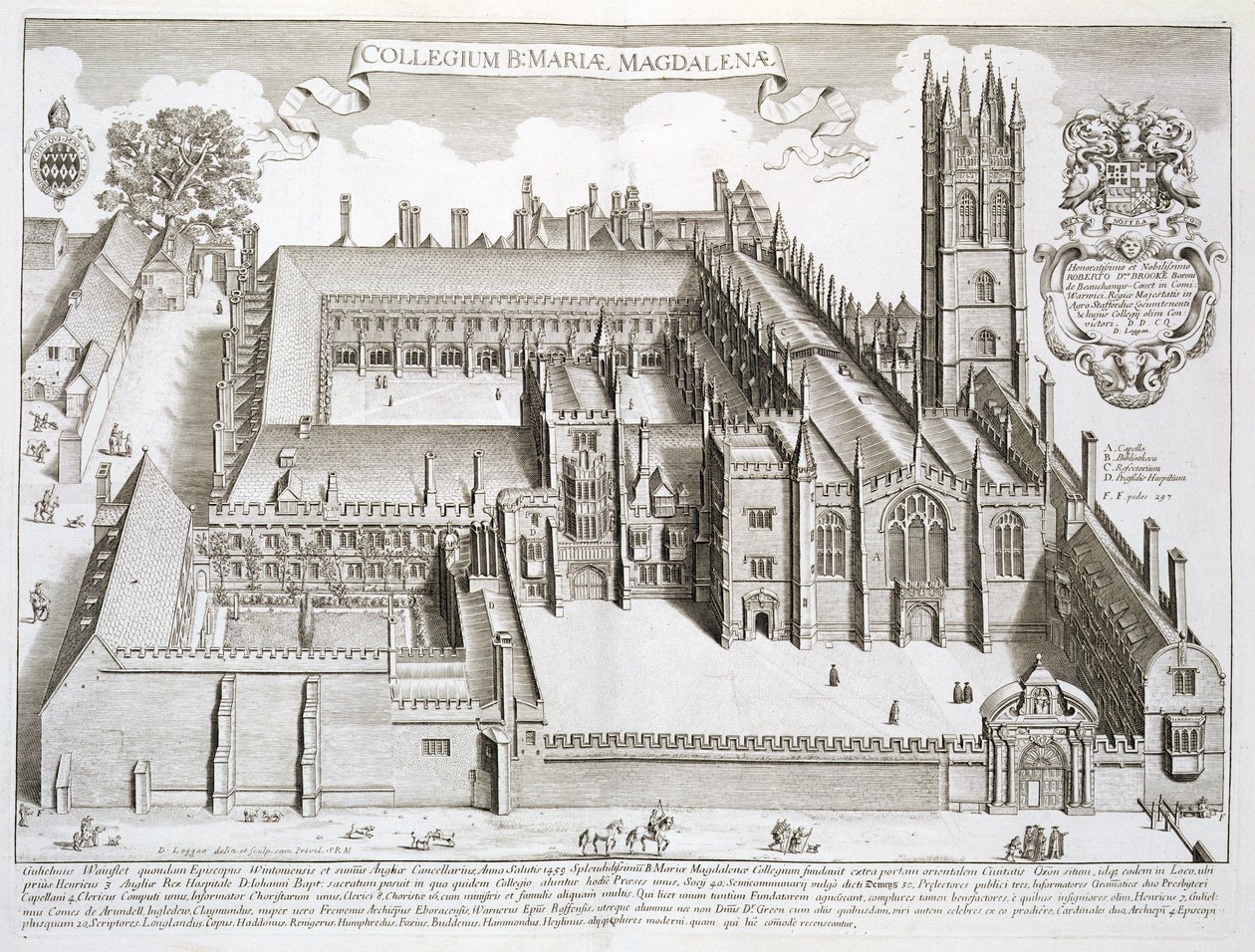Magdalen College, Oxford, fra 'Oxford Illustrated', utgitt 1675 av David Loggan