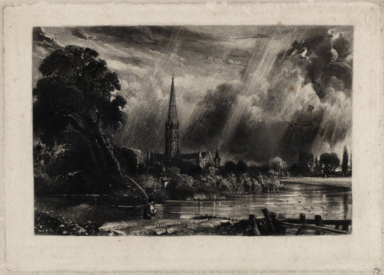 Salisbury Cathedral, ca. 1832 (mezzotint med hvitt kritt på lagt papir) av David Lucas