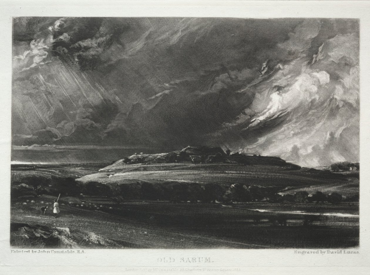 Ulike landskapsfag, karakteristisk for engelsk natur... Old Sarum, 1832. av David Lucas