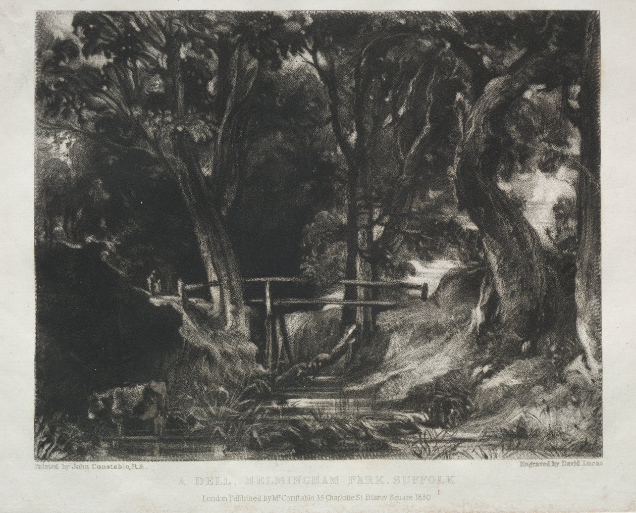 Ulike landskapsfag, karakteristisk for engelsk natur fra bilder malt av John Constable, R.A.: Dell in the Woods of Helmingham Park, Suffolk av David Lucas