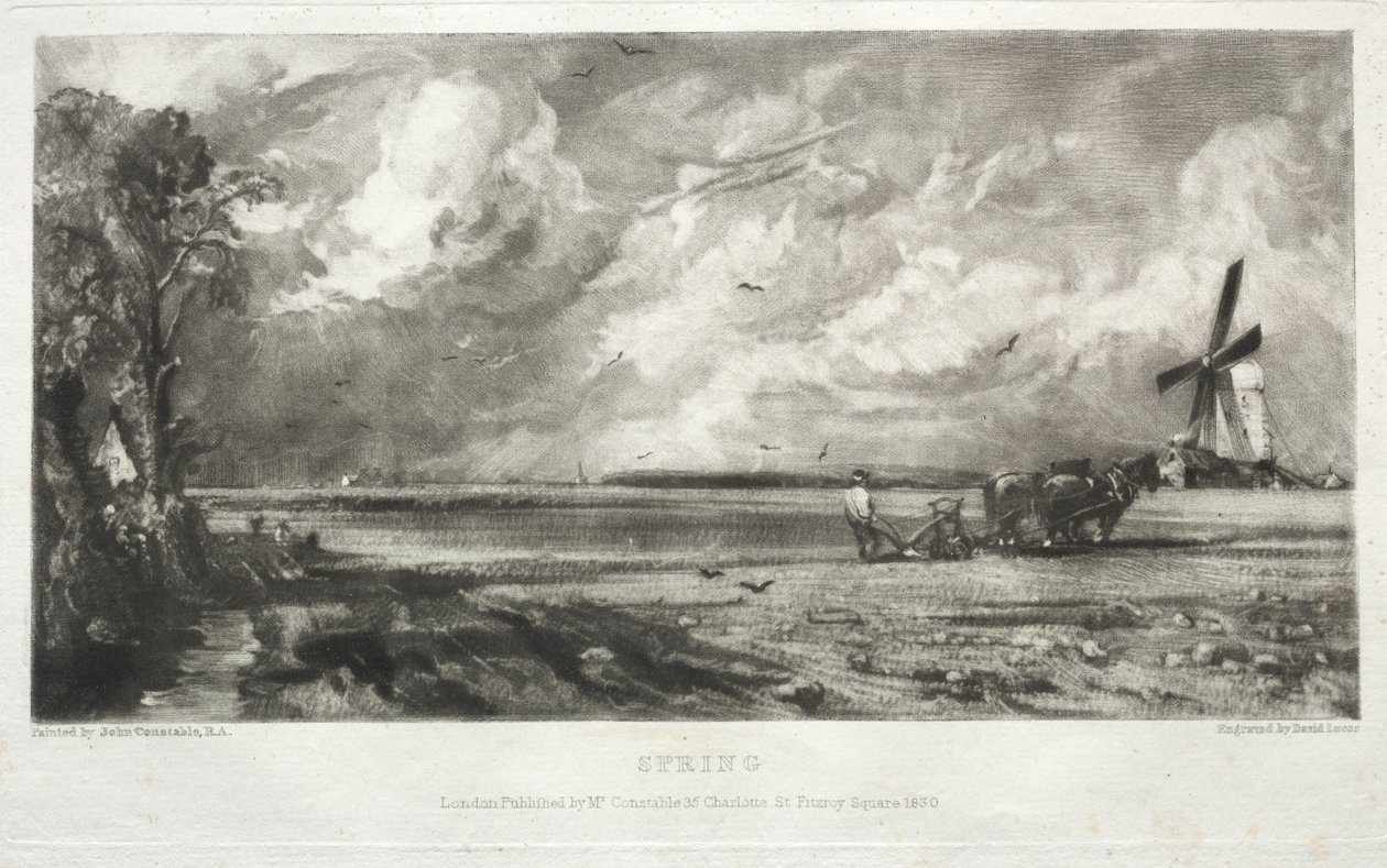 Ulike landskapsfag, karakteristiske for engelsk natur fra bilder malt av John Constable, R.A.: Spring. A Mill on a Common. Hail Squalls. Østre Bergholt, Suffolk av David Lucas