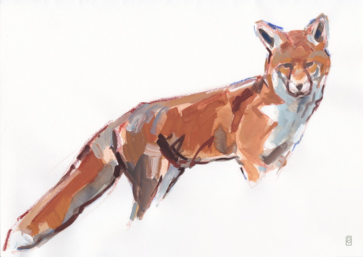 Red Fox, 2021 (gouache og akvarell/fargestift på papir) av David Mayer