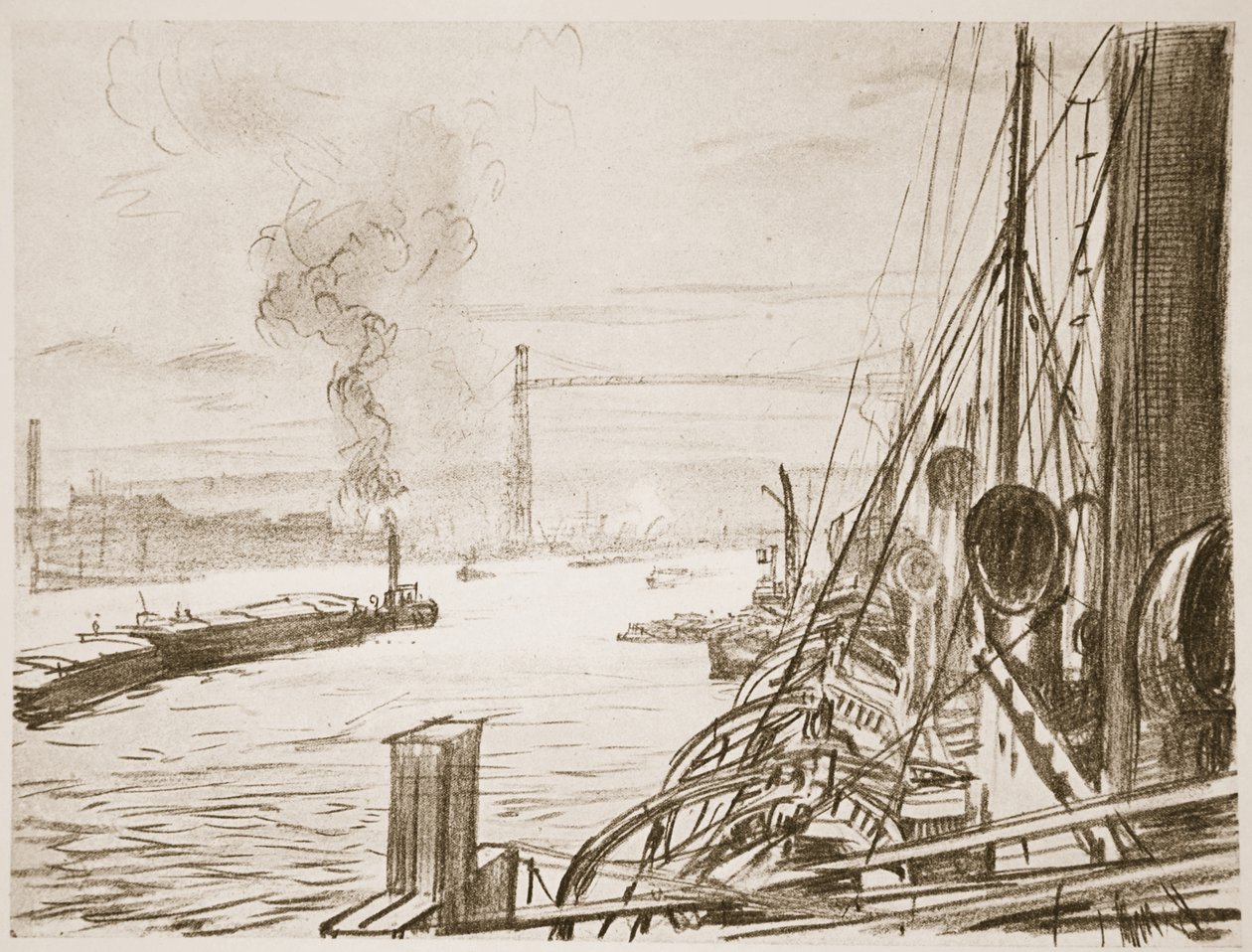 Et hospitalskip på en base, illustrasjon fra «The Western Front», utgitt av Country Life Ltd. av David Muirhead Bone