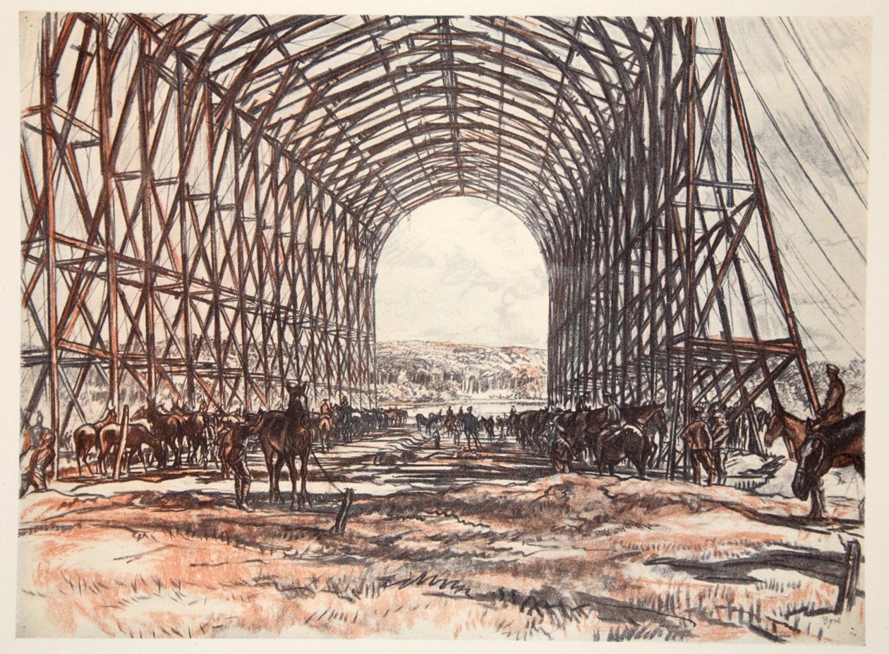 En stall på vestfronten, illustrasjon fra «Vestfronten», utgitt av Country Life Ltd. av David Muirhead Bone