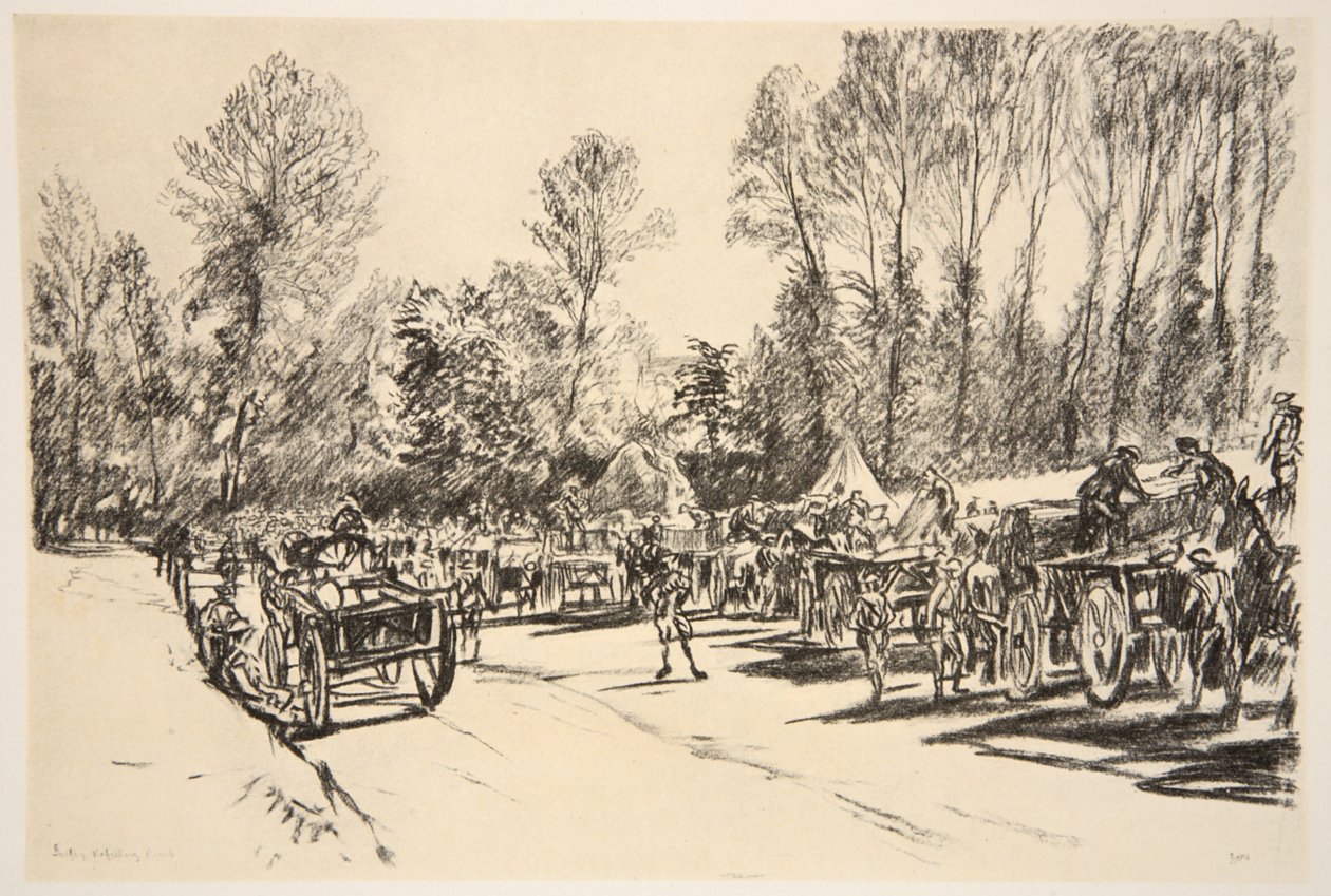 Et påfyllingspunkt for forsyninger, illustrasjon fra «The Western Front», utgitt av Country Life Ltd. av David Muirhead Bone