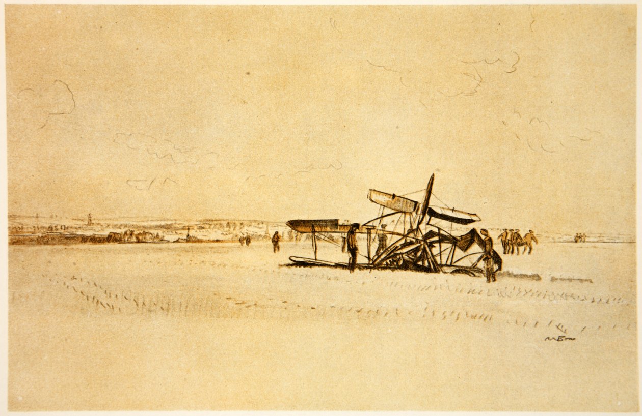 Et havarert fly nær Albert, illustrasjon fra «The Western Front», utgitt av Country Life Ltd. av David Muirhead Bone