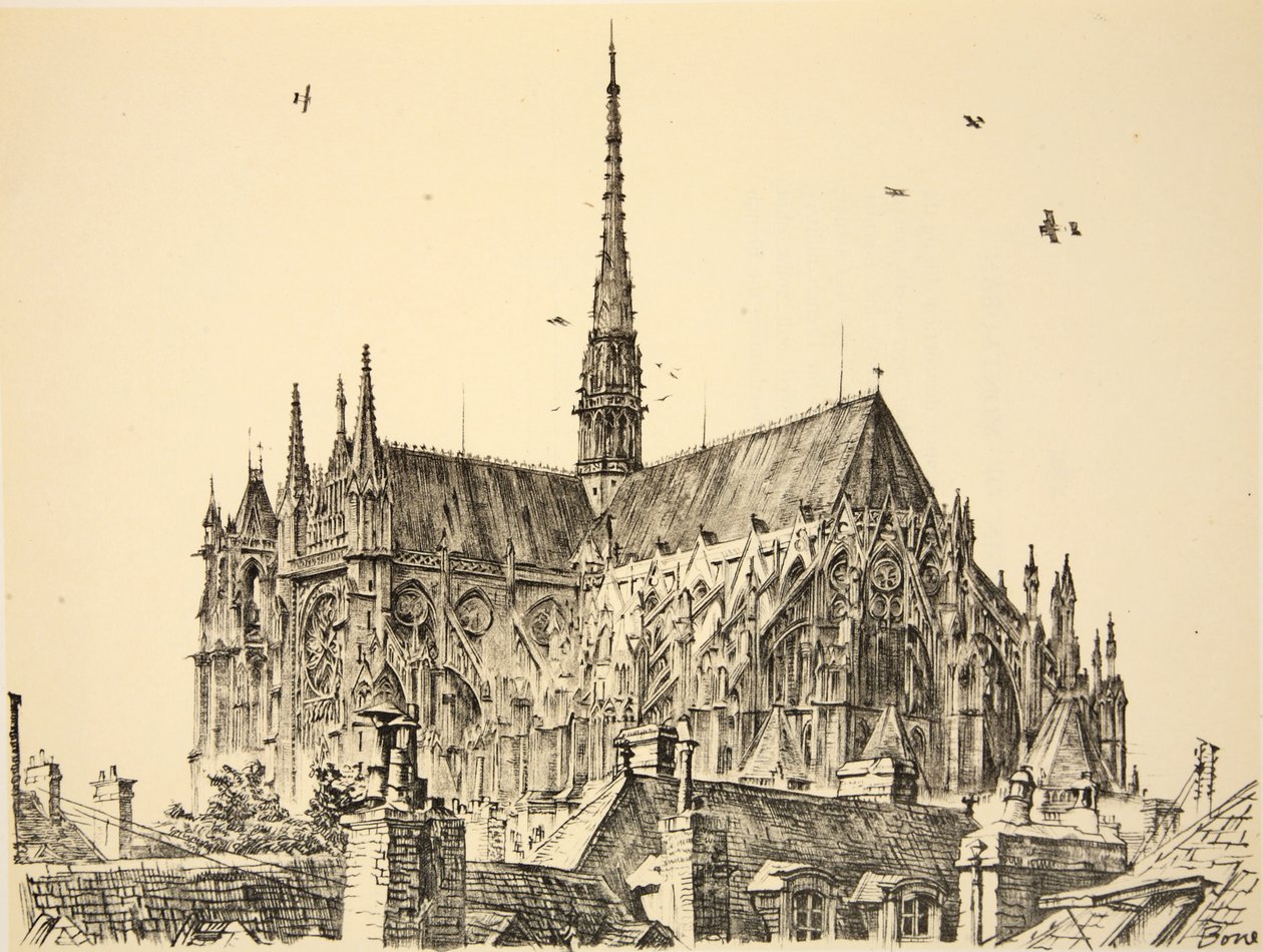 Amiens-katedralen, illustrasjon fra «Vestfronten», utgitt av Country Life Ltd. av David Muirhead Bone