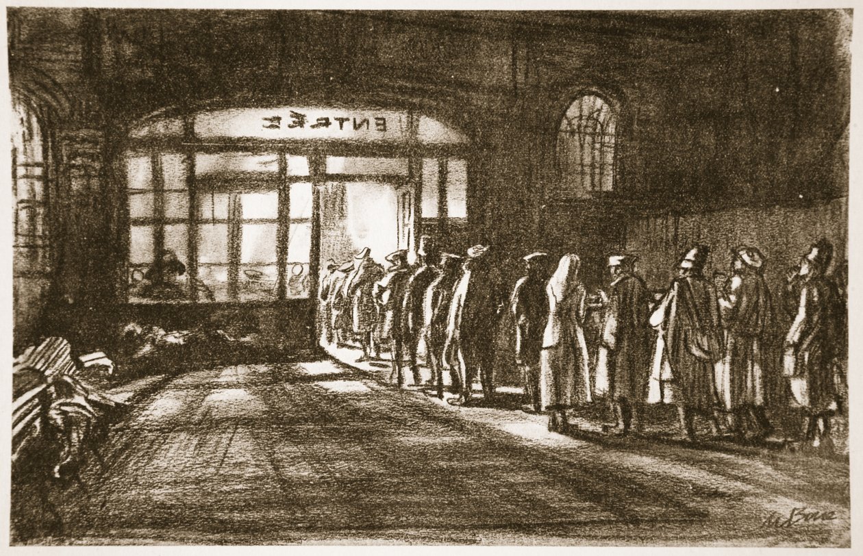 Ved en basestasjon, illustrasjon fra «The Western Front», utgitt av Country Life Ltd. av David Muirhead Bone