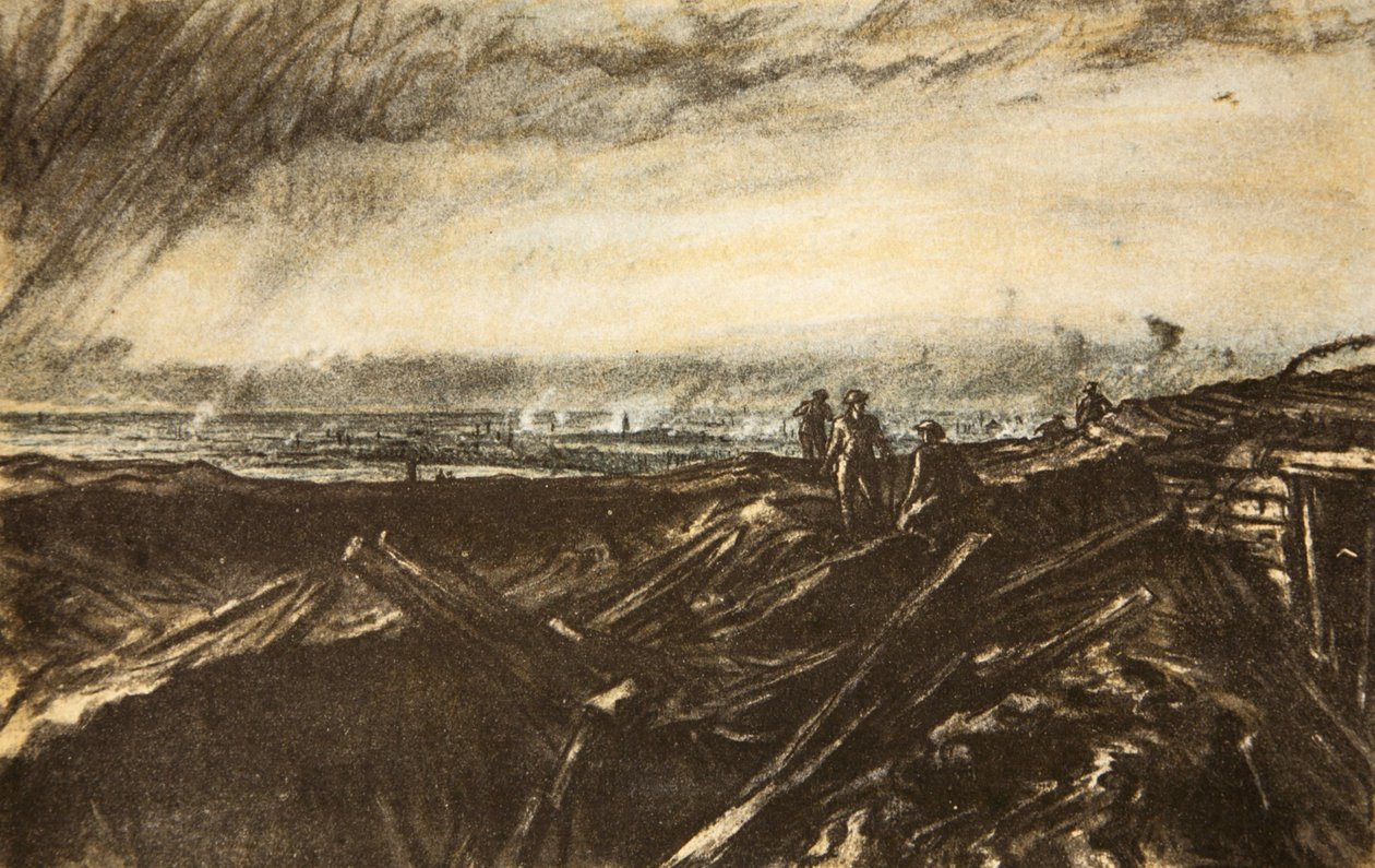 Fjern linse, fra Notre Dame de Lorette, illustrasjon fra «Vestfronten», utgitt av Country Life Ltd. av David Muirhead Bone