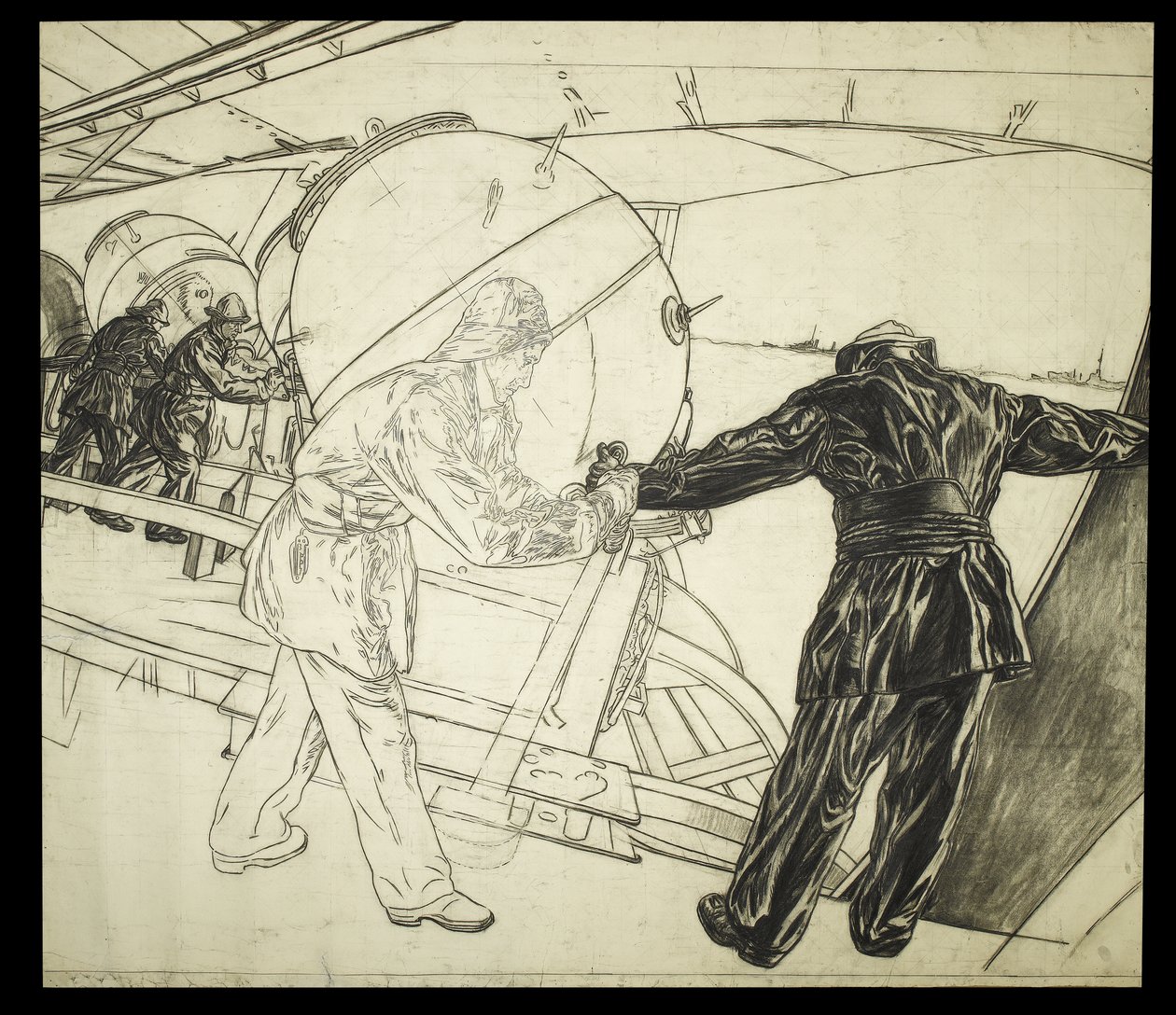 Tegning i full størrelse for vinterminelegging utenfor Island, ca. 1942 (kull på papir) av David Muirhead Bone