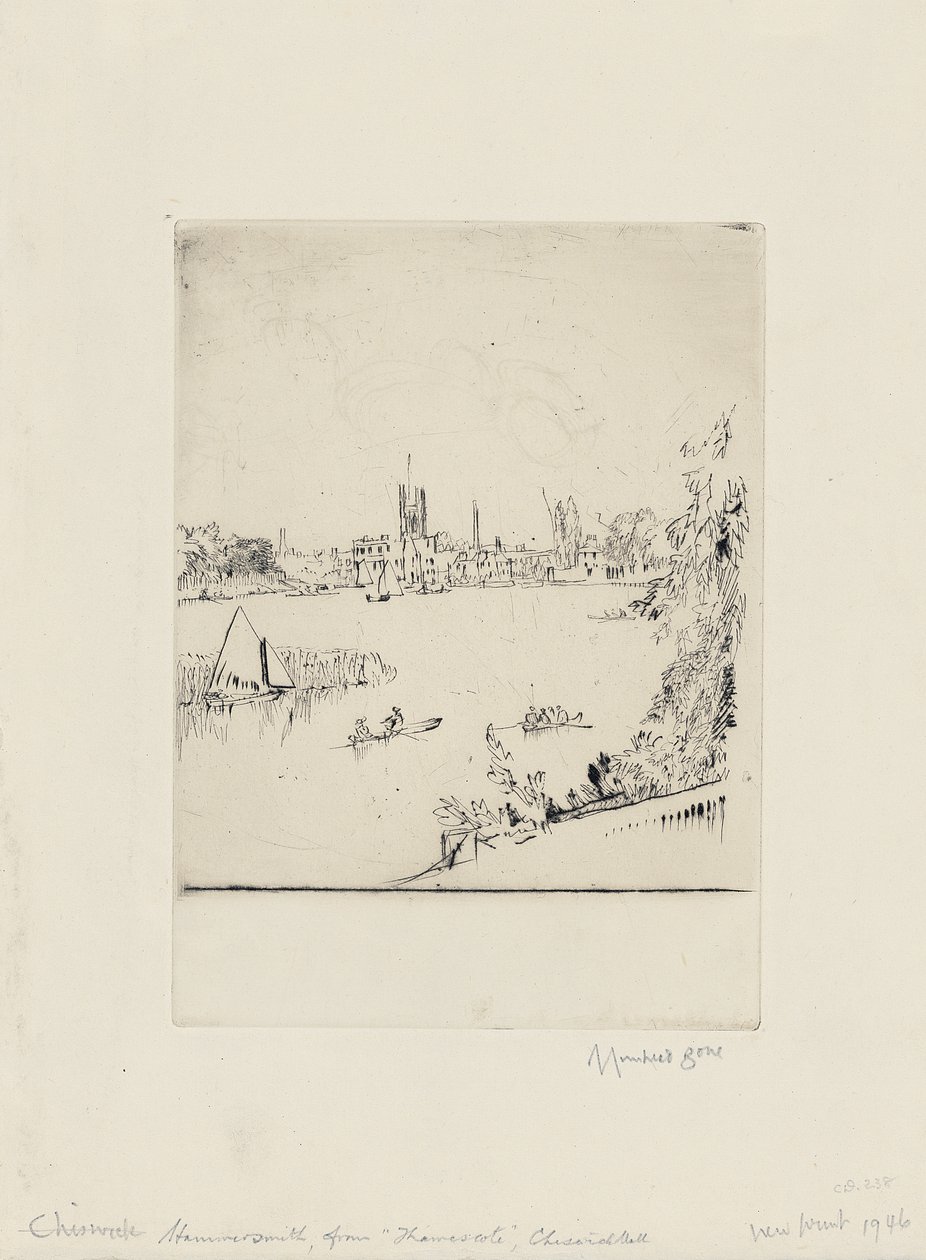 Hammersmith fra Thamescote, Chiswick kjøpesenter av David Muirhead Bone